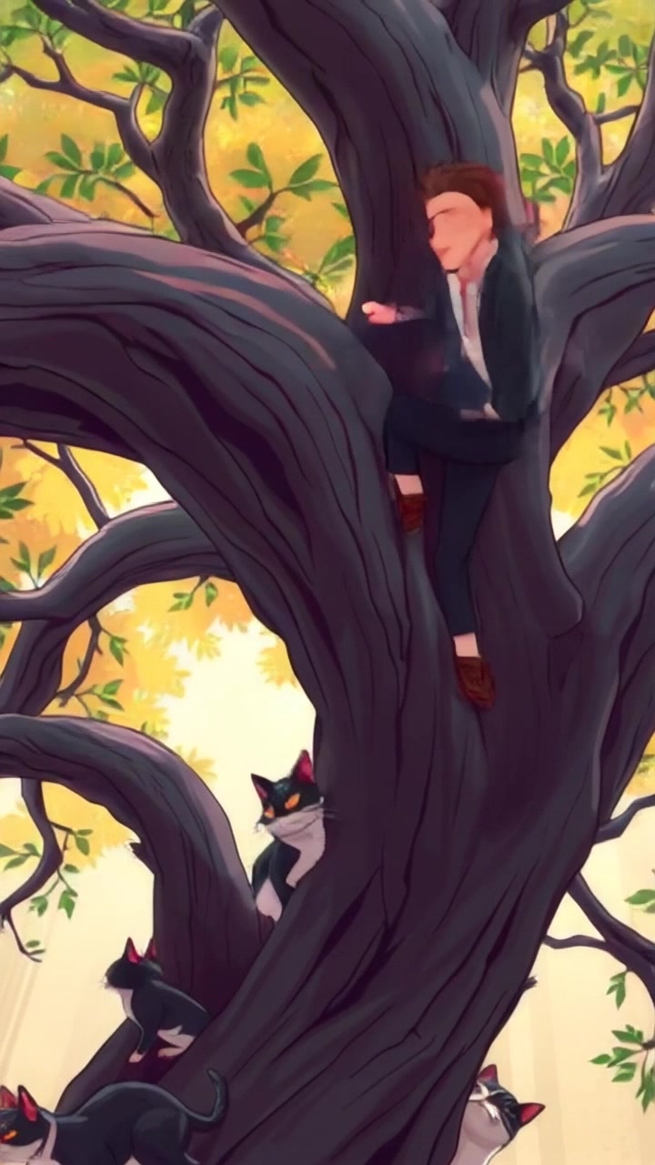 Subject: A young climber ascending a large tree, skillfully maneuvering among the branches. Subject movement: The climber moves upward confidently, reaching for new higher branches while balancing between the limbs. Scene: Dense canopy of a vibrant forest, green leaves filtering sunlight that dapples the ground. Style: Warm, inviting light creates a sense of adventure and exploration in the lush surroundings. Motion: Camera tracks closely behind the climber, panning slightly to capture the movement through the foliage, emphasizing the sense of height and the natural beauty of the forest.