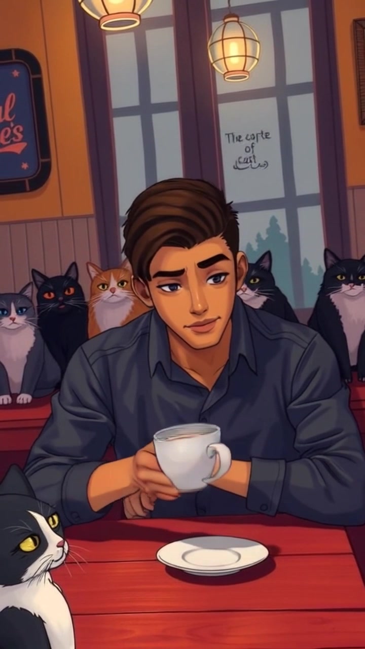 Subject: A person seated at a wooden table in a dimly lit cafe. Subject movement: The individual leans slightly forward, a look of intrigue on their face as they take a sip of coffee. Scene: The cafe is cozy, with soft shadows dancing on the walls, a few patrons in the background engaged in hushed conversations. Style: Warm, intimate lighting creates an inviting atmosphere. Motion: Camera gently pushes in, capturing a close-up of the person's expression, then subtly pulls back to reveal the surrounding ambiance.