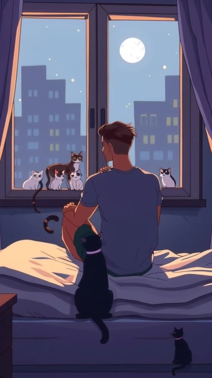 Scene: A dimly lit bedroom, with Amir sitting pensively on the edge of his bed, staring out of the window at the evening sky. Style: Soft, muted lighting accentuates the quiet atmosphere, creating a contemplative mood. Motion: The camera slowly pushes in towards Amir, capturing the nuances of his expression as the room gently fades into blurred silhouettes in the background.
