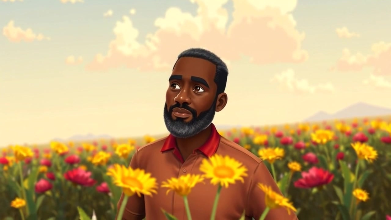 Subject: A person standing in a vibrant green field, reflecting on the growth of crops with a serene demeanor. Subject movement: The figure gazes contemplatively, the gentle sway of the surrounding plants in a light breeze lending a tranquil atmosphere. Scene: Expansive field under a clear blue sky, dotted with rows of flourishing crops. Style: Soft morning light creating a warm glow on the landscape, enhancing the feeling of peace and connection to nature. Motion: Camera slowly pushes in towards the person, capturing the vastness of the field while maintaining focus on their contemplative expression.
