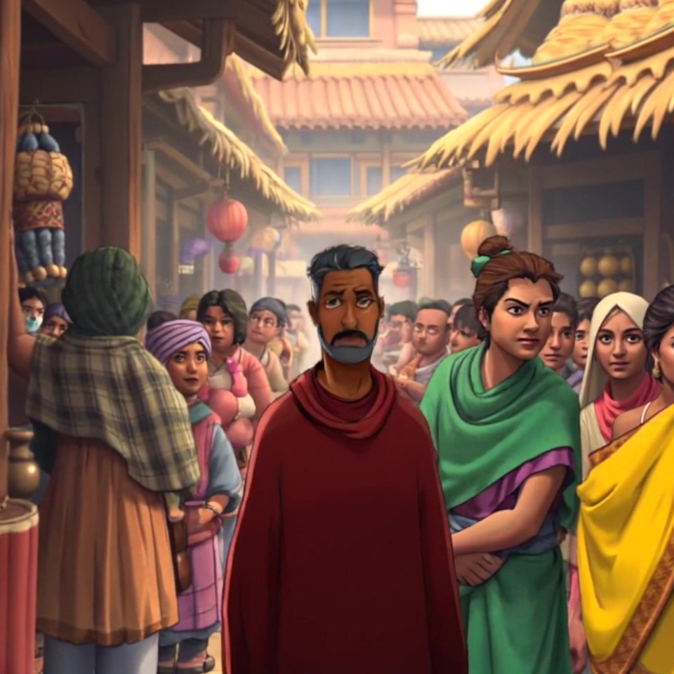 Subject: A man looking concerned as villagers gather around him in the bustling village marketplace. Scene: Vibrant village marketplace filled with colorful stalls and animated local residents engaged in conversation. Style: Warm, midday sunlight casting lively shadows across the scene, creating a sense of urgency. Motion: The camera moves in with a handheld tracking shot, weaving through the crowd to focus on the man's expression before pulling back to showcase the surrounding villagers.
