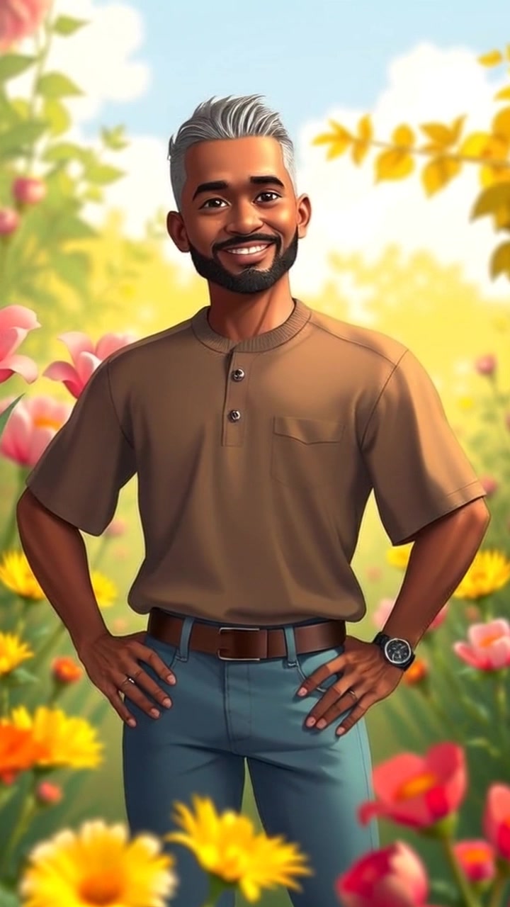 Subject: A cheerful man standing in a sunny garden. Subject movement: He smiles and shifts his weight slightly from side to side, exuding confidence. Scene: A vibrant garden full of blooming flowers basking in bright sunlight. Style: Warm, natural lighting enhancing the colors of the flowers and greenery. Motion: The camera slowly pushes in towards the man, capturing the joyful atmosphere around him as the blossoms dance lightly in the gentle breeze.