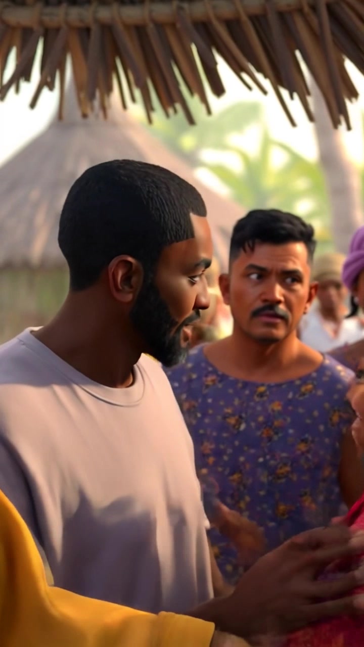 Scene: Vibrant village setting bustling with engaged villagers, featuring traditional huts and lush greenery surrounding them. Style: Warm, inviting light creating a sense of community connection. Motion: The camera performs a smooth, handheld tracking shot around Kwame and the villagers, capturing their animated conversations and the lively atmosphere as they gesture and interact.