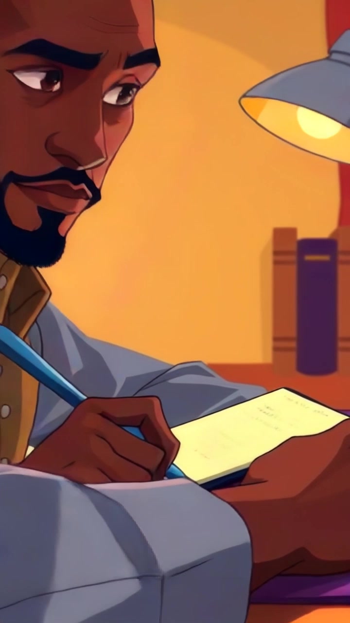 Subject: A focused individual seated at a desk, writing intently in a journal. Subject movement: The individual writes with determination, occasionally pausing to reflect, creating a sense of engagement. Scene: A cozy study illuminated by warm, ambient light, bookshelves lined with colorful volumes in the background. Motion: The camera employs a smooth push-in effect, gradually narrowing in on the journal to capture the handwritten words, while the background softly blurs to emphasize the subject's concentration.
