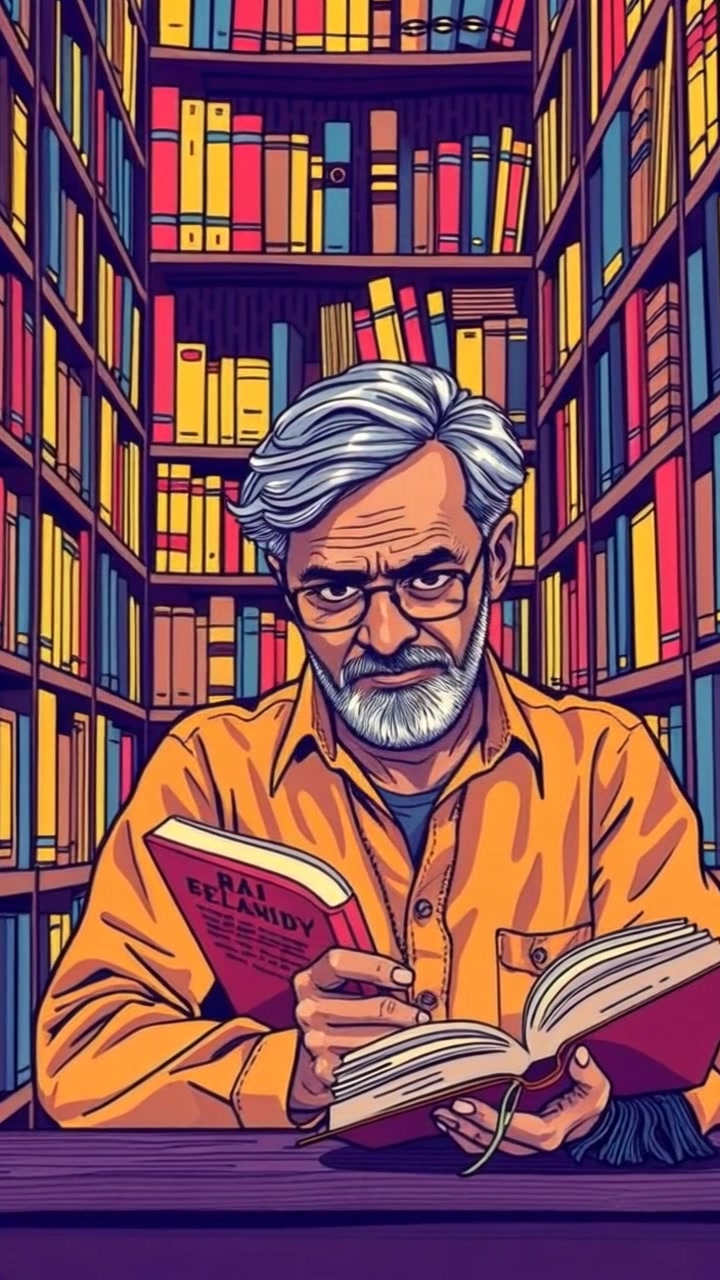Scene: A cozy library filled with wooden shelves stocked with countless books, warm amber lighting creating a peaceful atmosphere. Motion: The camera gently pushes in on Raj as he turns the pages of his book, his fingers brushing against the printed text, framing his quiet concentration. Style: Soft, ambient light enhances the inviting environment, with a slight bokeh effect on the background shelves.