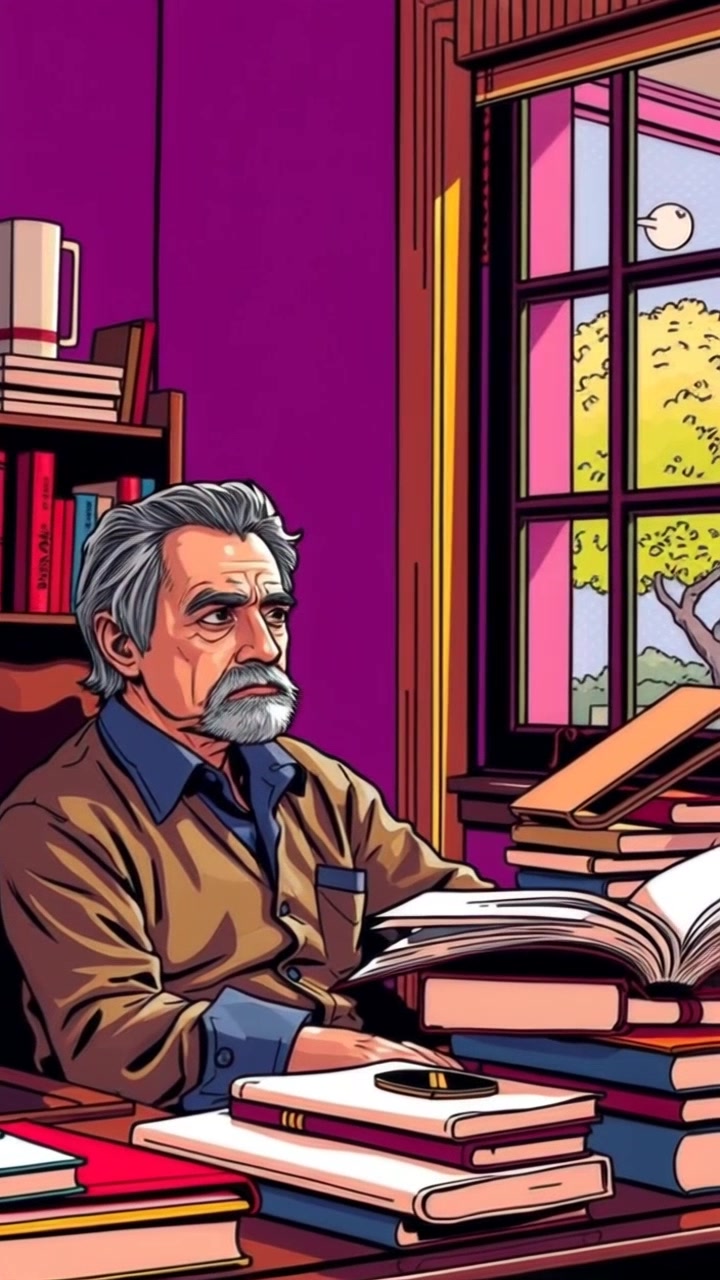 Scene: A cozy study filled with books, with Raj sitting thoughtfully at a desk, gazing out of a large window. Style: Warm morning light filters in, casting soft shadows across the room, creating an intimate atmosphere. Motion: The camera slowly pushes in on Raj's contemplative expression, with a subtle tilt-up to showcase the view outside, enhancing the sense of reflection.