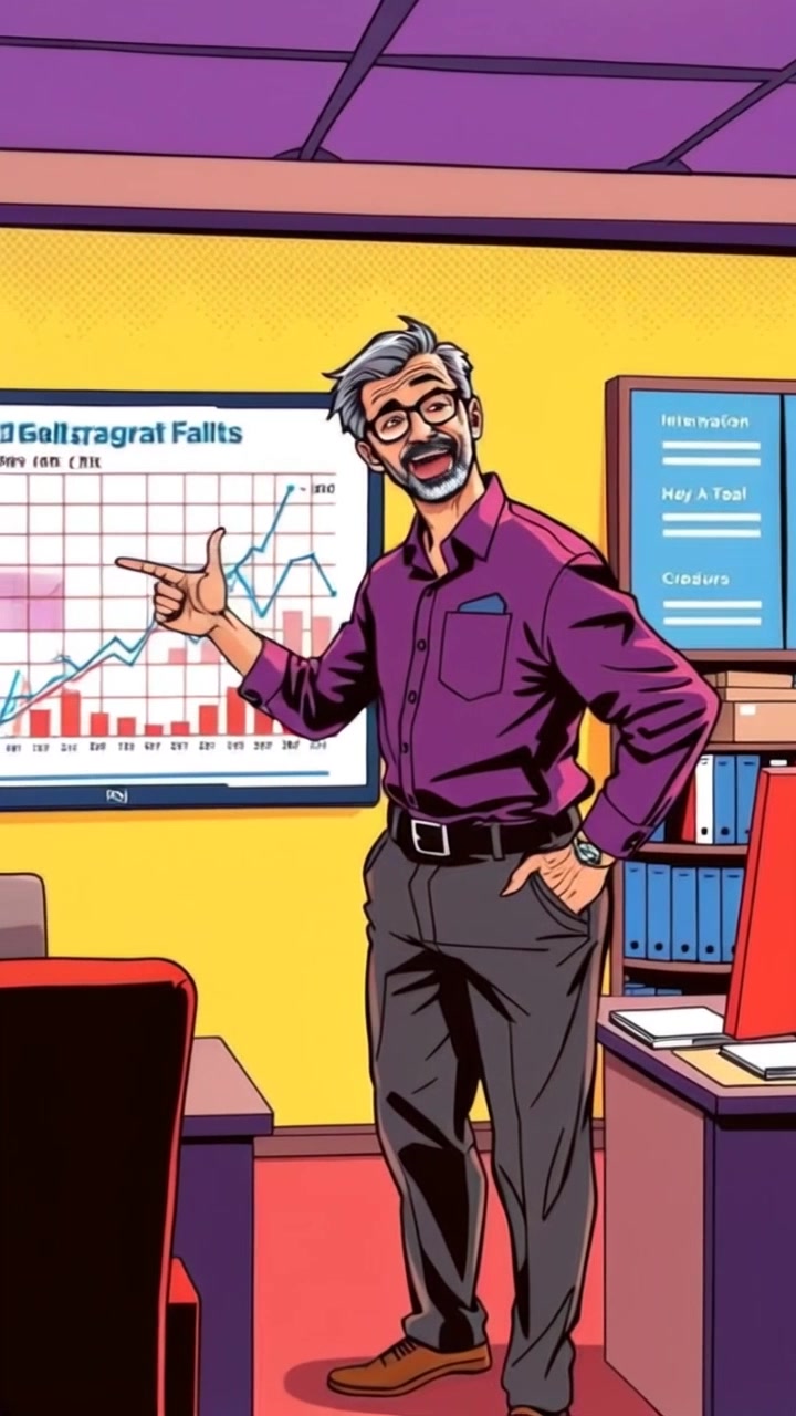 Subject: A person standing in a contemporary office environment, pointing assertively at a chart displayed on a screen. Subject movement: The person gestures emphatically, showcasing enthusiasm and engagement in their presentation. Scene: Modern office space filled with natural light, featuring sleek furniture and a large screen displaying colorful graphs. Style: Bright, ambient lighting emphasizing clarity and focus. Motion: The camera move starts with a steady close-up on the chart, then pulls back to reveal the person and their dynamic stance in the context of the room.
