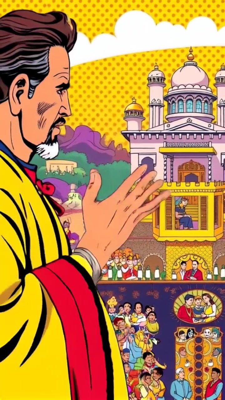 Subject: A regal figure in royal robes stands confidently on a balcony. Subject movement: The figure raises a hand in a grand gesture, acknowledging the joyful citizens below. Scene: Balcony overlooking a vibrant kingdom teeming with smiling citizens, colorful flags fluttering in the breeze. Style: Bright, cheerful daylight illuminating the scene, enhancing the colors of the kingdom. Motion: Camera slowly zooms in on the balcony, capturing the grandeur of the figure while panning down to reveal the lively crowd, emphasizing their excitement.