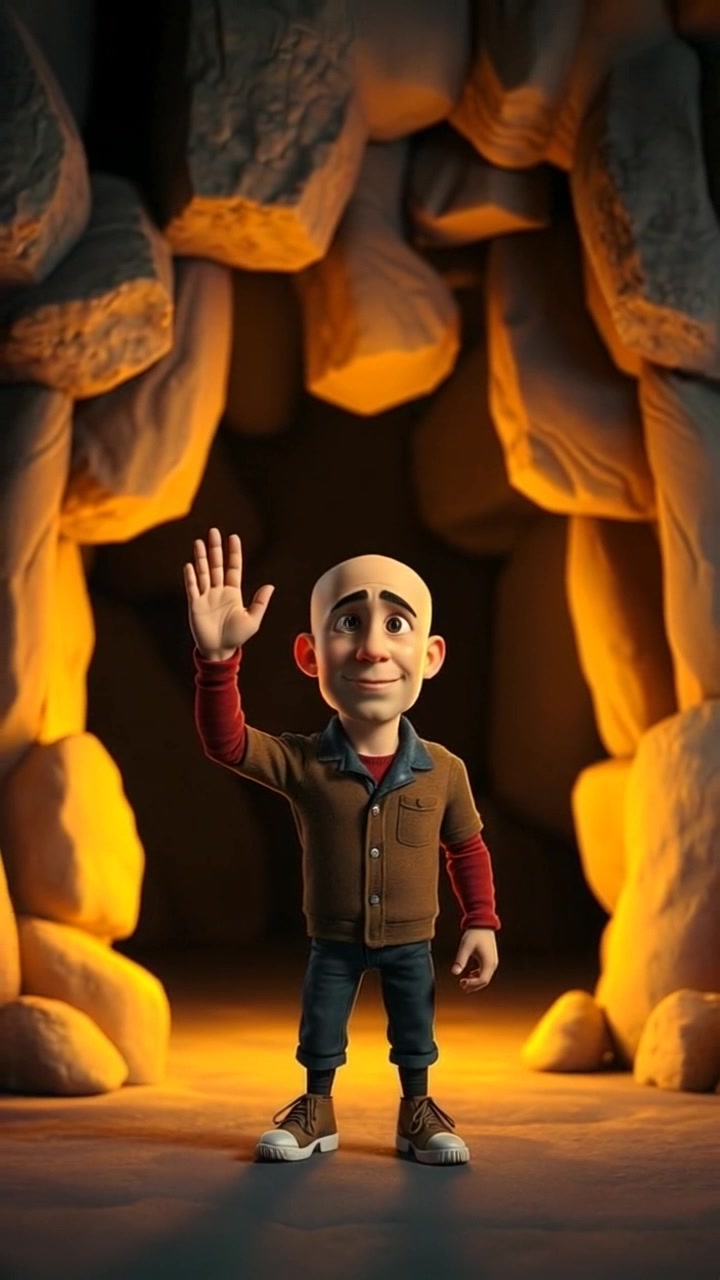 Subject: A figure standing outside a dark cave, commanding the entrance. Subject movement: The figure raises his hand assertively towards the cave. Scene: A foreboding cave entrance set against a rugged landscape, with dramatic rock formations surrounding it. Style: Dim lighting accentuated by a faint glow emanating from within the cave, creating an eerie yet captivating atmosphere. Motion: The camera begins with a close-up of the figure's hand, then slowly pushes out to reveal the figure's full stance and the looming cave behind him.