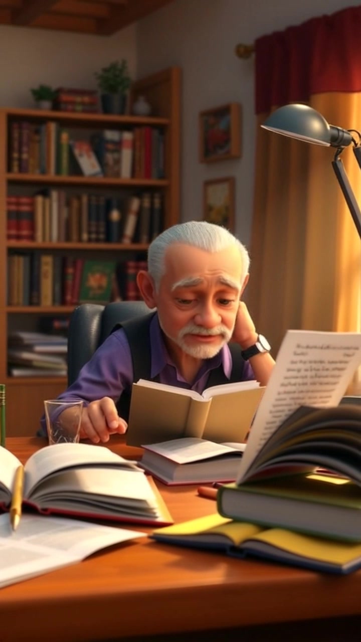 Scene: A cozy study with Carlos seated at a wooden desk, deep in thought, surrounded by open books and scattered papers. Style: Warm, inviting lighting casts a soft glow over the scene, emphasizing the rich textures of the wood and the pages. Motion: The camera performs a gentle dolly in, focusing closely on Carlos's contemplative expression, then panning out to reveal the organized chaos of his creative workspace.
