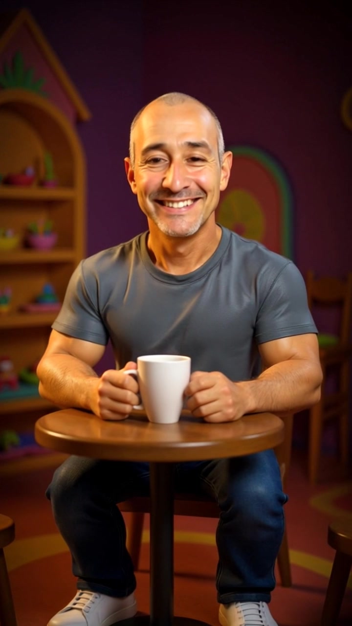 Subject: A cheerful individual seated at a cozy café table. Subject movement: He takes a slow, satisfied sip from his coffee, the warmth radiating from his smile. Scene: The café is filled with warm tones, soft lighting, and rustic wooden accents, creating an inviting atmosphere. Motion: The camera gently pushes in closer, focusing on his joyful expression and the steaming coffee cup, soft background sounds of café chatter blending with the shot.