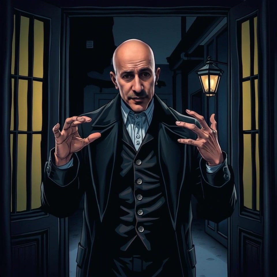 Subject: A person stands in a dimly lit room. Subject movement: The person gestures with their hands, looking intently towards the doorway as if awaiting someone. Scene: A shadowy interior with soft, ambient lighting casting gentle shadows on the walls, enhancing the tension of the moment. Motion: The camera smoothly pushes in towards the subject, capturing the intensity of their expression and the subtle movements of their hands.