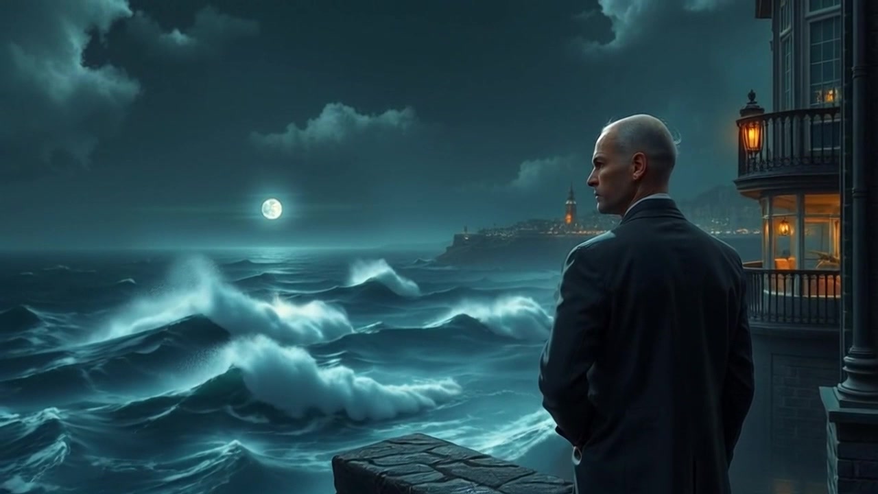 Subject: A pensive figure standing at the cliff's edge. Subject movement: Carlos stands still, gazing pensively at the turbulent sea, the wind lightly tousling his hair. Scene: A dramatic coastal cliff with crashing waves below and a moody sky above, creating a sense of isolation and contemplation. Style: Dark, stormy lighting emphasizing the turbulent atmosphere and choppy waters. Motion: The camera slowly pushes in on Carlos, capturing the intensity of the moment as waves crash furiously against the rocks, while clouds swirl ominously above, enhancing the tension of the dynamic scene.