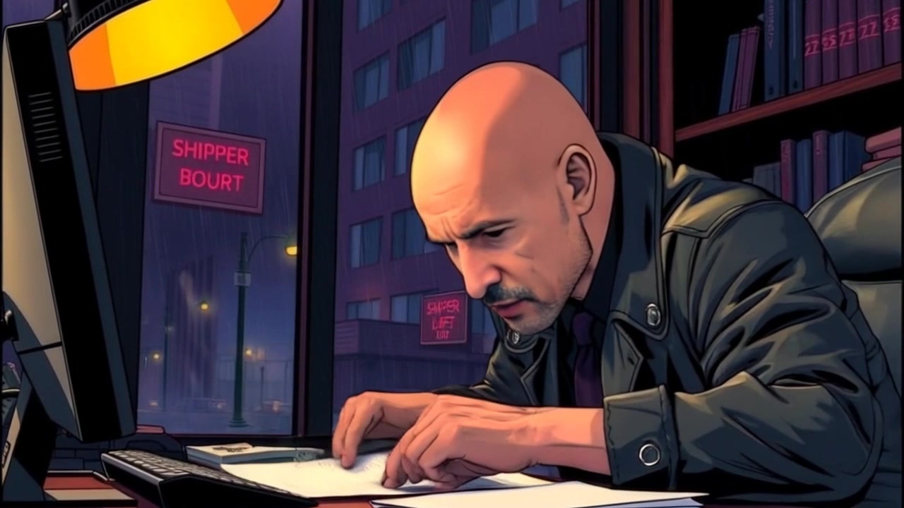 Subject: A man at his office desk, looking tense while reviewing documents with a worried expression. Subject movement: He shifts nervously in his chair, adjusting the documents, occasionally glancing up as if searching for answers. Scene: A modern office space with a cluttered desk, soft ambient lighting, and shelves filled with books and files in the background. Motion: The camera performs a slow push-in toward the man's face, capturing the nuances of his expression as he battles with the weight of the task. Lighting: Soft, overhead office lighting creates a hint of shadows, emphasizing the man's furrowed brow. Atmosphere: A tense, focused mood permeates the scene.