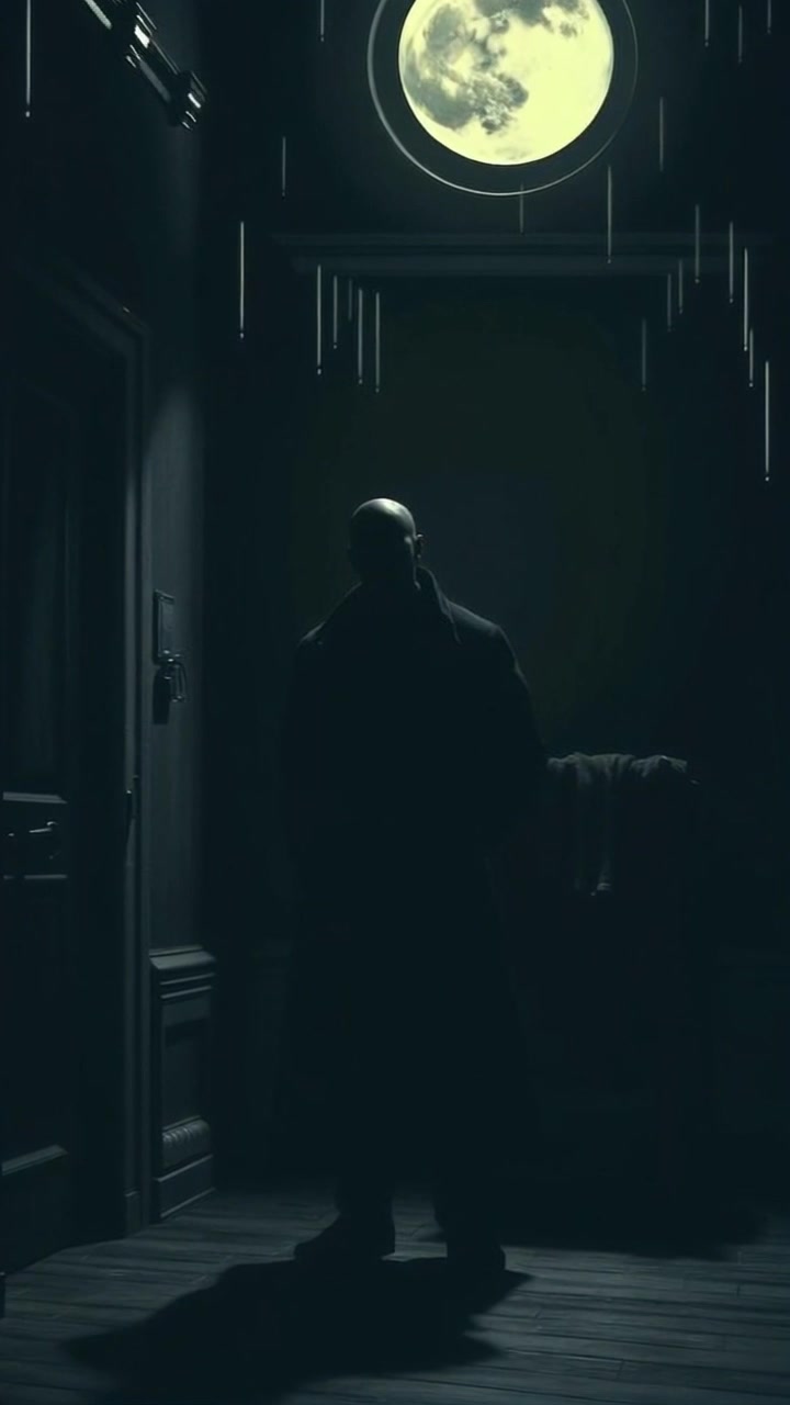 Scene: A shadowy figure standing in a dimly lit corner of a dark room, illuminated by ethereal moonlight streaming through a window. Style: The interplay of deep shadows and stark moonlight creates a moody and suspenseful atmosphere. Motion: The camera slowly pushes in towards the figure, allowing the flickering shadows to dance across the walls, enhancing the tension and intrigue of the scene.