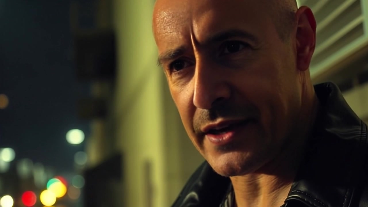 Subject: A person with a serious expression engaged in conversation. Scene: Close-up of the person in a sharply lit urban environment, with blurred city lights in the background. Style: Nighttime ambient lighting, creating a moody and dramatic atmosphere. Motion: The camera slowly pushes in to enhance the intensity of the conversation, capturing subtle shifts in expression.