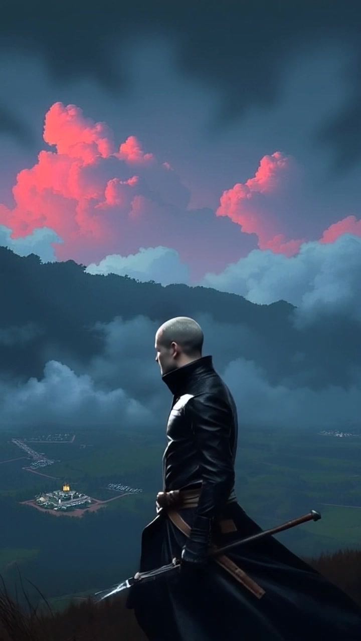 Subject: Carlos standing on a hilltop, gazing thoughtfully over an expansive landscape. Subject movement: He turns slightly, surveying the scenic view as clouds drift lazily across the sky. Scene: A serene hilltop overlooking a vast landscape, with soft, rolling clouds in the background adding to the peaceful atmosphere. Style: The lighting is warm and soft, suggesting early morning or late afternoon. Motion: The camera begins with a steady close-up on Carlos' contemplative expression, then dolly out to capture the breathtaking panorama behind him, revealing the stunning contrast between the vibrant landscape and the gentle clouds.