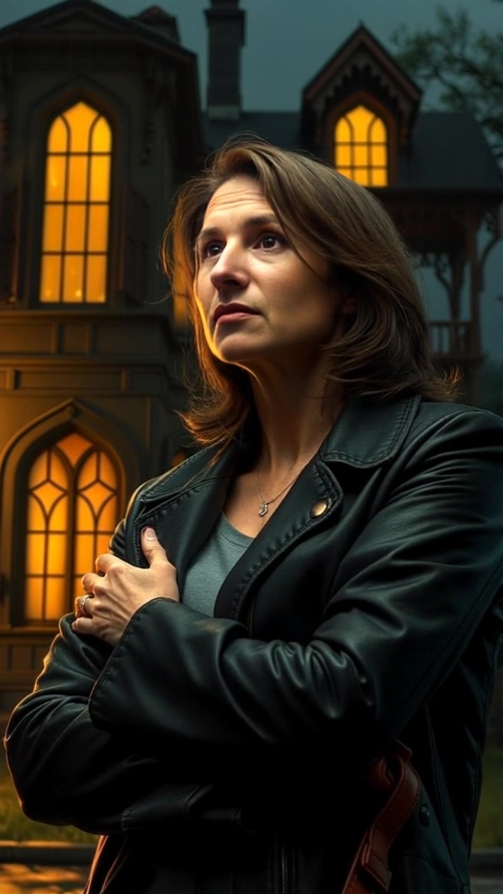 Subject: A woman expressing concern as she gazes up at an old house. Subject movement: She stands still, arms crossed, her brow furrowed in anxiety. Scene: The setting is an eerie, overgrown garden in front of a decrepit house, shadows creeping in from the corners. Style: Dim, moody twilight lighting casting long shadows, enhancing the atmosphere of uncertainty. Motion: The camera slowly dolly zooms in on her worried expression, capturing the tension as it transitions to a close-up, revealing the intricate details of her face and the unsettling ambiance of the house.