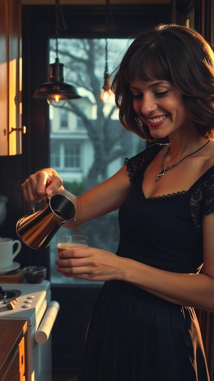 Subject: A cheerful person pouring coffee. Subject movement: They pour with a bright smile, the coffee swirling into a cup. Scene: A cozy kitchen illuminated by warm morning light streaming through the window. Style: Inviting, with soft edges and natural light creating a warm atmosphere. Motion: The camera gently pushes in, capturing the laughter and warmth of the kitchen environment as it transitions to focus on the steaming cup of coffee.