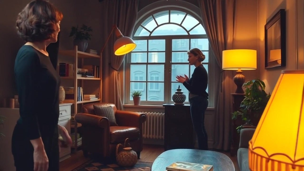 Scene: A warm and inviting living room in Susan's apartment, decorated with cozy furnishings and soft textiles creating a welcoming atmosphere. Style: Soft, ambient lighting filtering through the curtains, highlighting the cozy nook. Motion: The camera performs a smooth push-in, gliding through the space to showcase the decor and create an immersive feel of warmth and comfort.