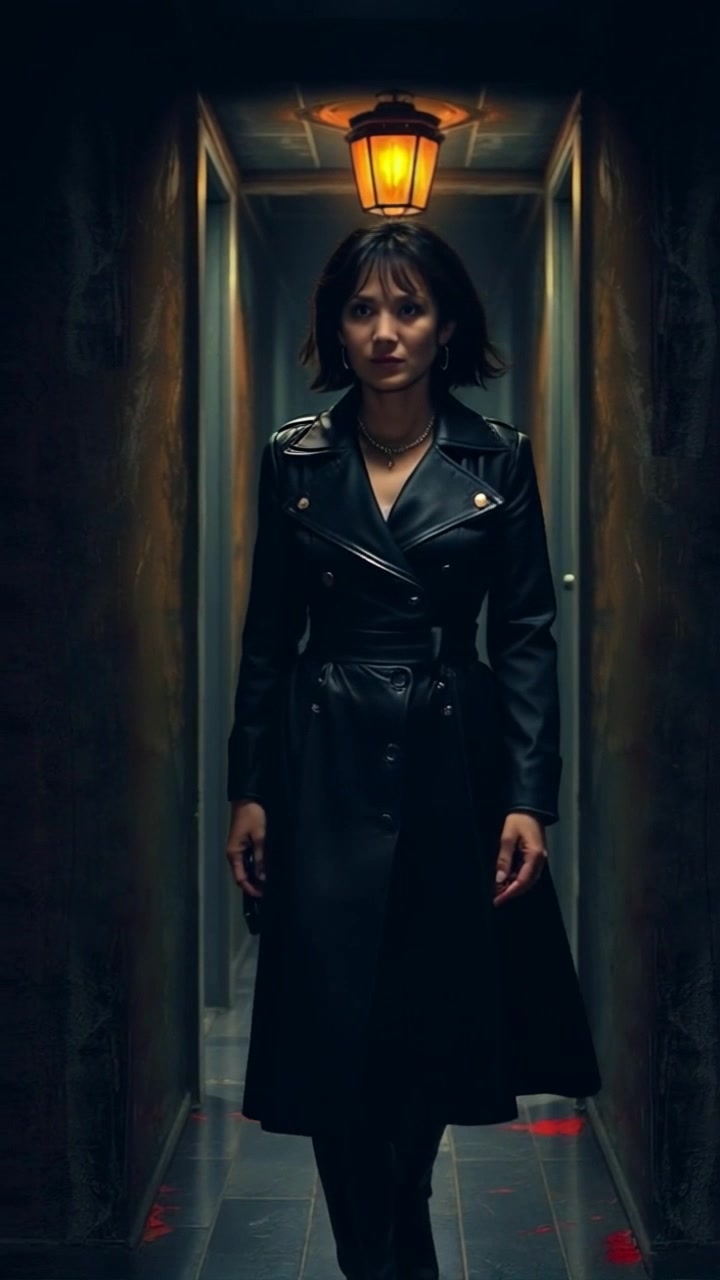 Subject: A person walking cautiously through a dimly lit hallway. Subject movement: The person advances tentatively, their footsteps echoing softly against the walls. Scene: A dark, narrow hallway with shadows stretching along the walls, faint light flickering from overhead. Style: Moody lighting creates an eerie ambiance, inviting unease. Motion: Camera follows closely behind, tracking the person's careful movements, panning slightly as they approach a shadowy corner.