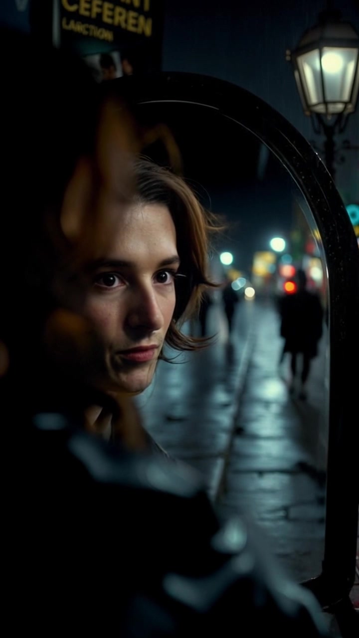 Scene: A close-up of a mirror reflecting a dimly lit room, where Susan is partially seen in the foreground, and a faint, mysterious movement can be discerned in the background. Style: Soft, ambient lighting enhances the eerie atmosphere, casting subtle shadows. Motion: The camera slowly pushes in on the mirror, creating a sense of suspense as it draws the viewer's focus to the unsettling disturbance behind Susan's reflection.