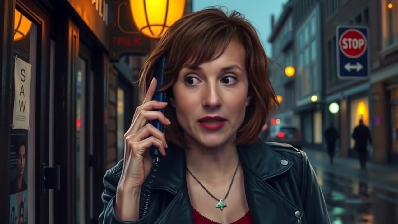Subject: A woman speaking on the phone, her expression reflecting deep concern. Scene: A cluttered home office filled with books and papers, subtly lit by warm desk lamps in the late evening. Motion: Camera slowly pushes in, capturing her anxious gestures as she paces, the soft creak of the floorboards accentuating her tense demeanor, while the ambient lighting creates a cozy yet urgent atmosphere.