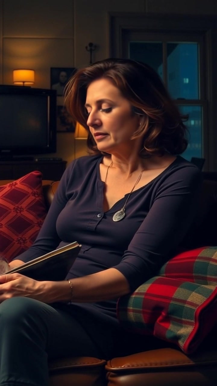 Subject: A thoughtful woman sitting on a couch. Subject movement: She gently turns the pages of a photo album, occasionally glancing thoughtfully at the images. Scene: A dimly lit living room with soft, warm tones that create an inviting atmosphere. Motion: The camera slowly pushes in to capture her expressions more closely, enhancing the mood of nostalgia, while the soft lighting casts delicate shadows in the cozy space.