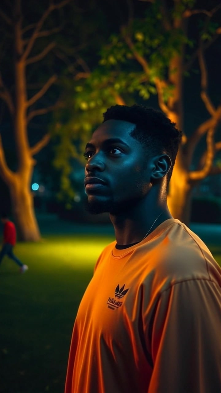 Subject: A figure standing alone in a park. Subject movement: The figure remains still, conveying indifference as sounds approach from the background. Scene: A serene park setting with lush greenery and distant sounds creating a subtle tension. Style: Soft, ambient lighting creating a tranquil atmosphere, with the sun filtering gently through the leaves. Motion: The camera slowly pushes in, focusing on the figure's expression while the sounds in the distance grow louder.