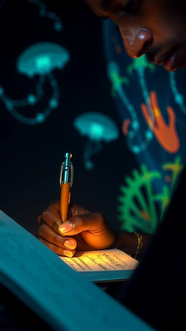 Scene: A close-up view of a notebook filled with intricate scribbles as hands diligently take notes. Style: Soft, diffused lighting enhances the textured paper and smooth pen, creating an inviting atmosphere. Motion: The camera gently pushes in to focus on the note-taking action, then smoothly transitions to a side angle, capturing the fluid motion of writing.