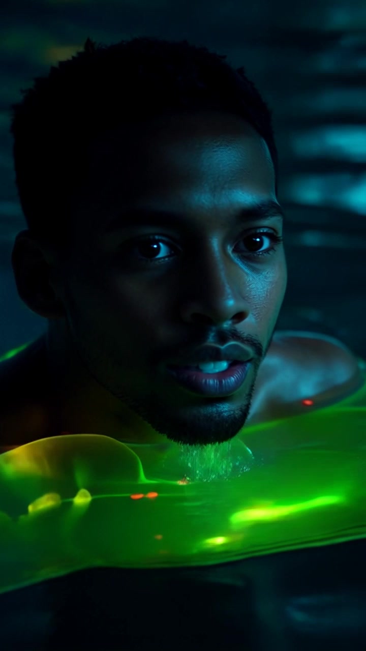 Subject: A person breaking through the surface of the water. Subject movement: The individual gasps for air with an expression of relief, water droplets cascading off their face. Scene: Underwater setting transitioning to the surface of a tranquil lake, surrounded by lush greenery. Style: Bright sunlight filtering through the water, creating sparkling reflections on the surface. Motion: Camera moves upward in a smooth, steady motion, following the person as they break the surface, capturing the moment of exhilaration and freedom.