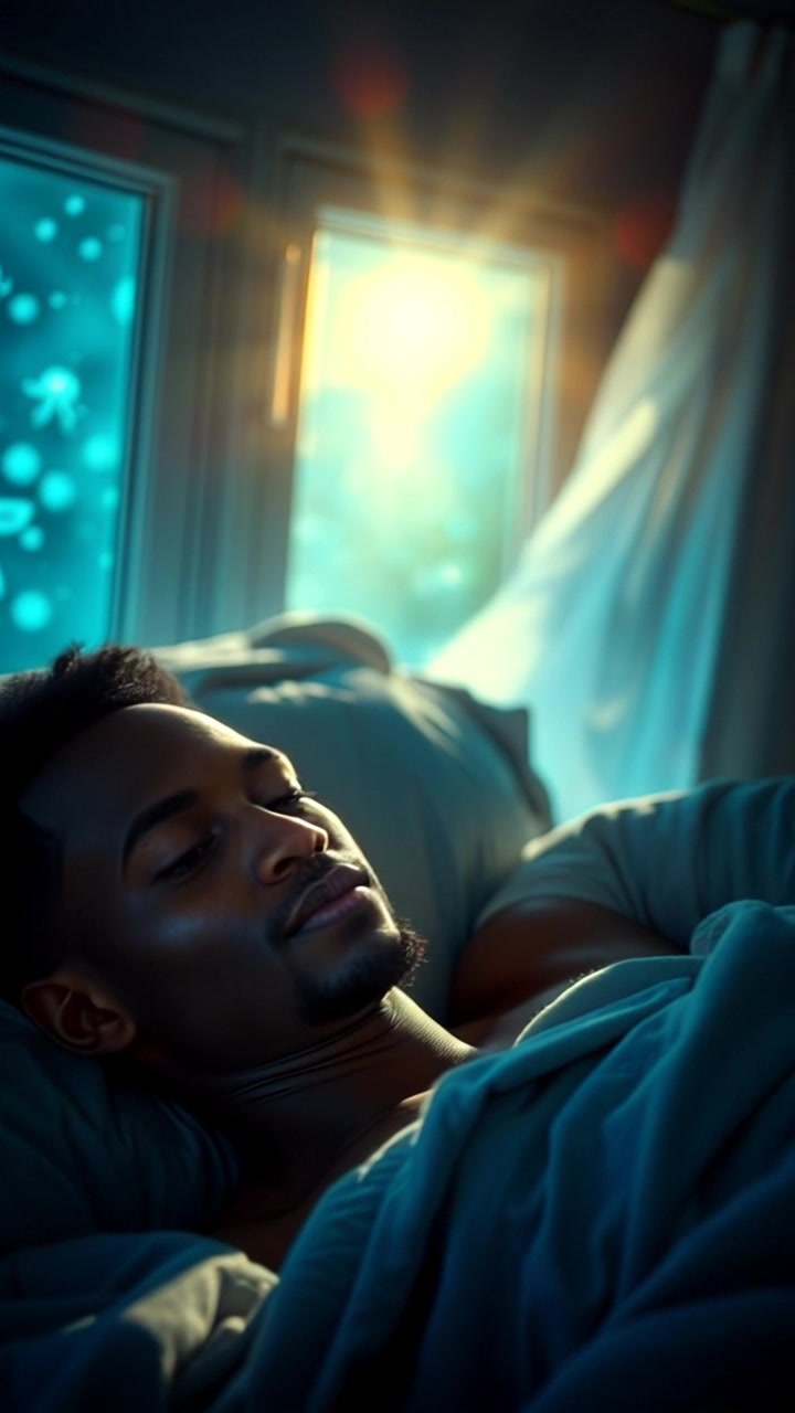 Scene: A tranquil bedroom bathed in soft, golden morning light, curtains gently fluttering in a light breeze from the open window. Motion: The camera slowly pushes in, revealing the warm glow of sunlight streaming through the window and illuminating the bed, where a figure lies peacefully. Atmosphere: Inviting and serene, capturing the essence of a calm morning as time seems to stand still.