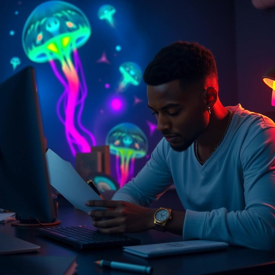 Subject: A focused individual at a desk, pen in hand, writing notes vigorously. Subject movement: The individual leans slightly forward, eyes fixed on the paper, as they write with purpose. Scene: A cozy office workspace filled with books and personal artifacts, warm light filtering through a window. Motion: The camera performs a slow push-in towards the individual, emphasizing their concentration, with soft ambient lighting creating an inviting atmosphere.