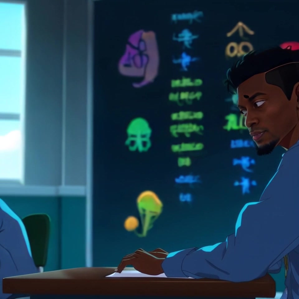 Scene: A classroom filled with sunlight streaming through large windows, bright colorful posters adorning the walls, and students focused on their work. Style: Morning light casting soft shadows, creating an inviting atmosphere. Motion: Handheld camera tracking shot moving in slowly from the entrance towards the desk where Isaiah sits, emphasizing his concentration as he frowns at the math problem on the board.