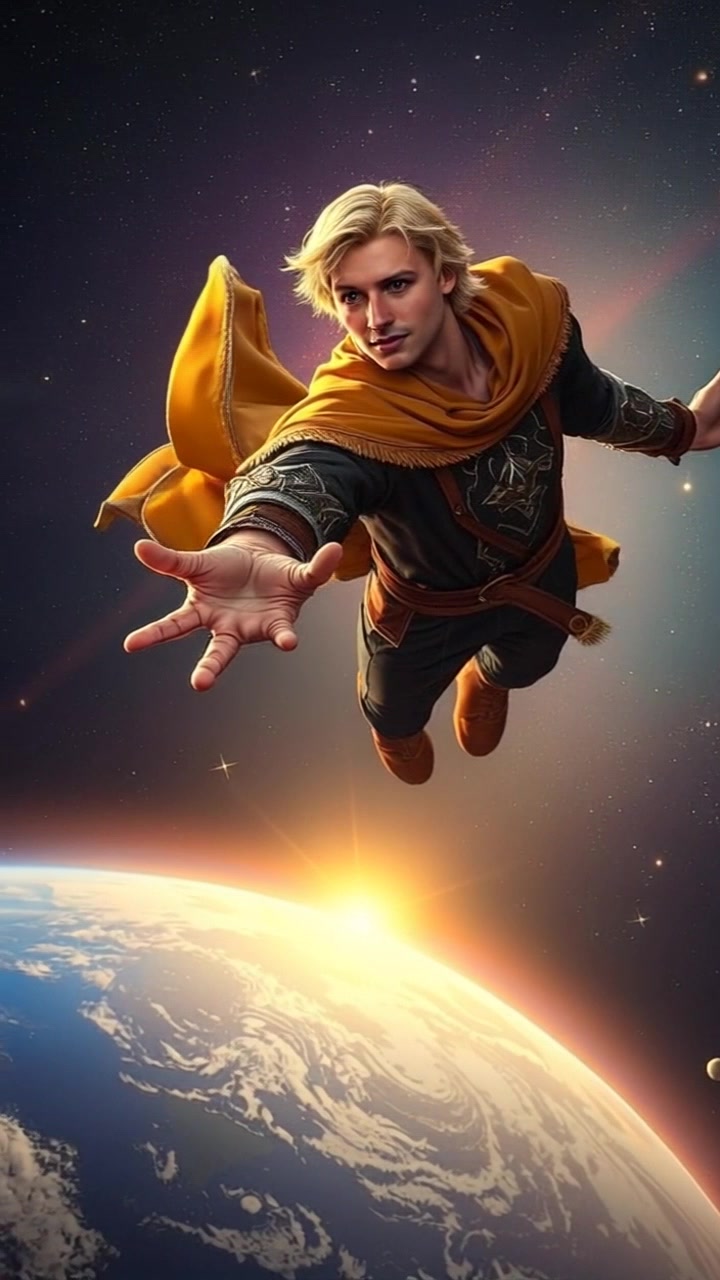 Subject: A figure in a spacesuit, floating serenely in the vastness of space. Subject movement: The figure reaches out gracefully toward the distant Earth below, gently swaying in response to the zero-gravity environment. Scene: A starry backdrop with the vibrant blue and white colors of Earth visible beneath. Style: The lighting is ethereal, with distant stars twinkling against the dark expanse of space. Motion: The camera slowly orbits around the floating figure, capturing the vastness of space and the beauty of Earth, while highlighting the solitude of the moment.