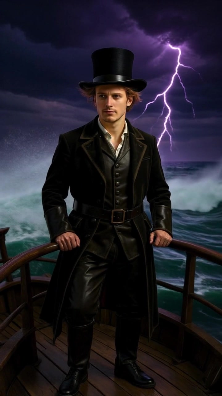 Subject: A determined figure standing at the bow of a ship. Subject movement: The figure stands resolutely as waves crash dramatically around. Scene: A tumultuous sea with a ship cutting through the waves, set against an overcast sky filled with dynamic clouds. Style: Dramatic lighting with dark, moody tones accentuating the intensity of the stormy atmosphere. Motion: Camera begins with a close-up of the figure, then slowly pushes back to reveal the vast, turbulent ocean, capturing the ship's struggle against the mighty waves.