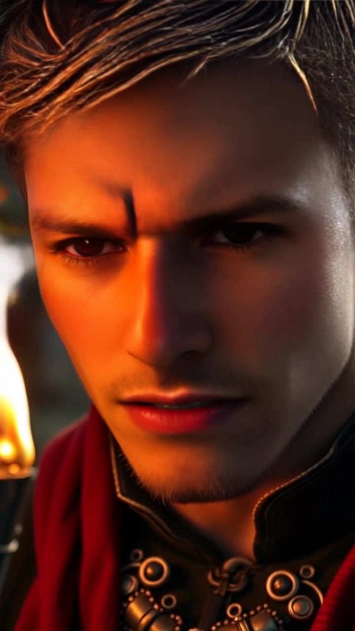 Subject: A person with a furious expression. Scene: A close-up of a man's face illuminated by flickering torchlight, with shadows dancing on his features, creating a tense atmosphere. Motion: The camera dynamically zooms in on his face, capturing the intensity of his emotions, while the flickering light adds to the drama and urgency of the moment. Style: Harsh, moody lighting that amplifies the suspenseful tone.