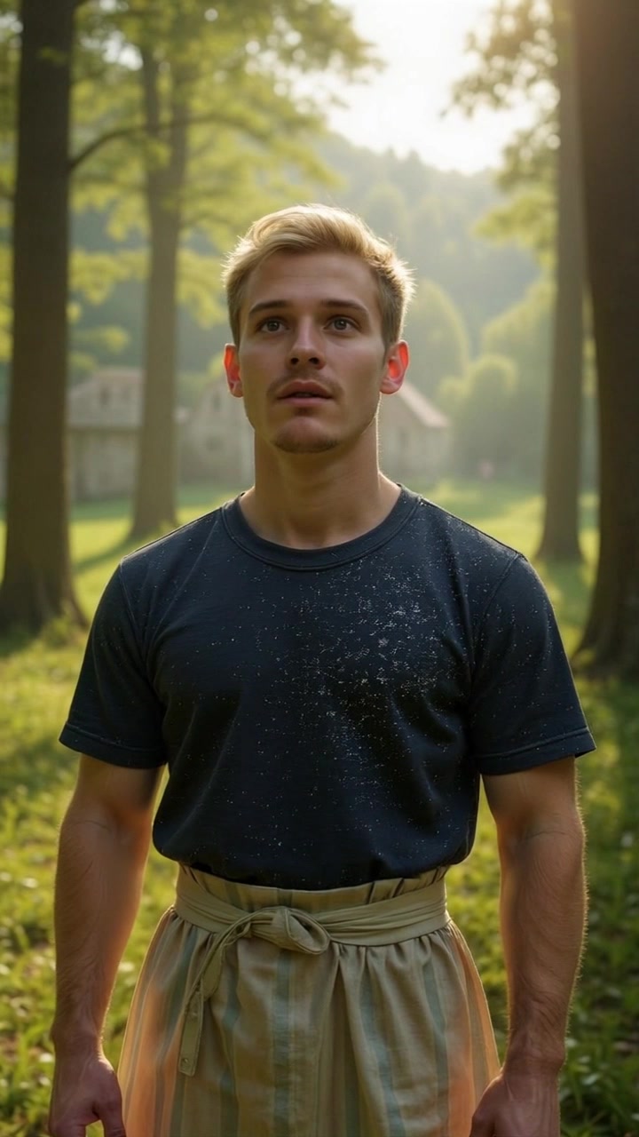 Subject: A hopeful figure stands still in a serene forest clearing. Scene: The lush greenery of a forest clearing with sunlight filtering through the trees, creating dappled patterns on the forest floor. Style: Soft, ambient lighting with warm tones enhancing the natural beauty of the surroundings. Motion: The camera performs a slow push-in towards the figure, capturing the gentle sway of leaves in the breeze, conveying a sense of tranquility and anticipation.