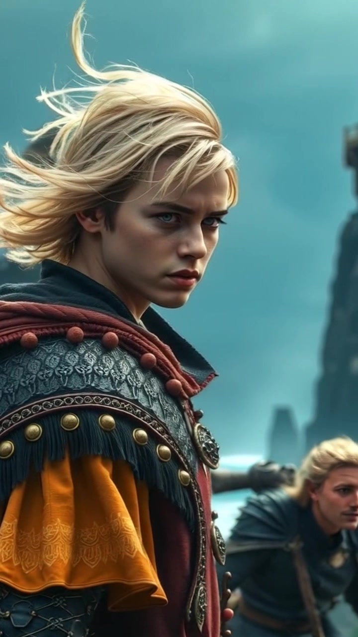 Subject: A determined figure standing on a rugged cliff. Subject movement: The figure stands firm against the wind, hair blowing dramatically, exuding a sense of strength. Scene: Rocky cliff edge overlooking a vast ocean, crashing waves below under an expansive sky. Style: Soft, diffused light as the sun begins to set, casting a warm, golden hue. Motion: Camera slowly pushes in, capturing the figure in close-up as the wind tugs at him, enhancing the feeling of resilience against nature's elements.