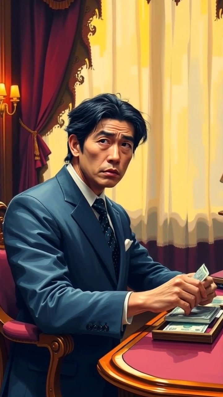 Subject: Pak Teguh sitting at a lavish desk, looking worried while counting money. Subject movement: He shifts anxiously in his chair, glancing around the room with concern. Scene: An opulent office filled with rich furnishings and ambient lighting, creating a dramatic atmosphere of tension. Motion: The camera begins with a closeup on the scattered money on the desk, then pushes out to reveal Pak Teguh's worried expression, capturing the weight of the situation. Lighting: Soft, warm light accentuating the luxurious decor while casting slight shadows on his face. Atmosphere: Tense and anxious, underscoring the gravity of the moment.