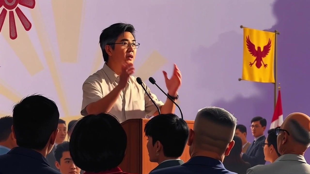 Subject: A speaker at a podium passionately addressing an audience. Subject movement: The speaker gestures dynamically as they emphasize points in the speech, creating an engaging atmosphere. Scene: A large auditorium filled with attentive audience members, the atmosphere charged with anticipation and focus. Style: Bright, focused spotlight on the podium contrasted with softer ambient lighting in the audience. Motion: Camera starts with a close-up on the speaker's hands gesturing expressively, then transitions to a wider shot capturing the entire podium and audience reaction.