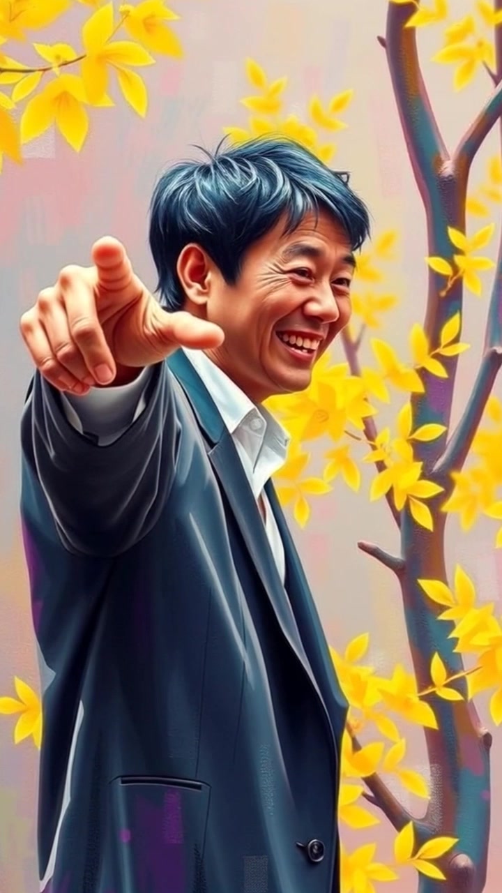 Subject: A man excitedly pointing towards something off-screen. Subject movement: He gestures animatedly, drawing attention to whatever captures his interest. Scene: A sunlit outdoor space filled with green grass and blooming flowers, creating a vibrant atmosphere. Style: Bright, cheerful lighting that enhances the inviting mood of the scene. Motion: The camera slowly pushes in on the man's expressive face and his pointed hand, creating a sense of anticipation and curiosity.