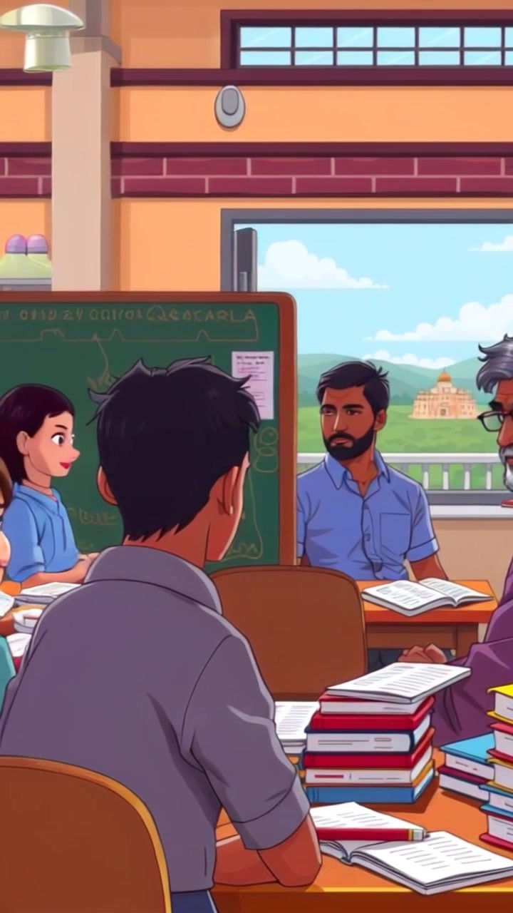 Scene: A vibrant classroom filled with enthusiastic students attentively listening to a lesson, books stacked high on their desks. Style: Bright, natural daylight streaming through large windows, illuminating the diverse faces of eager learners. Motion: Camera slowly pans across the classroom, capturing engaged expressions as it moves toward the teacher, revealing a dynamic teaching moment.