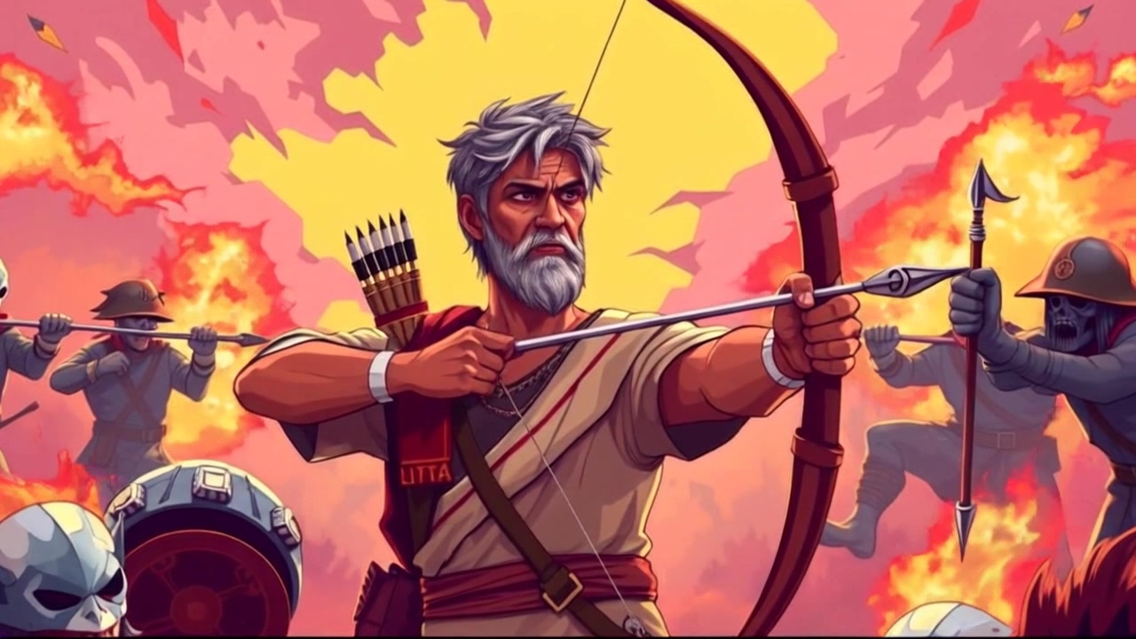Subject: Raj standing determined in the center of a vibrant battlefield, bow drawn and arrow aimed. Subject movement: He surveys the surroundings with focused intensity, shifting slightly as he tracks potential targets. Scene: The battlefield is expansive, filled with tension and the remnants of past clashes, showcasing distant fighters and billowing flags. Style: Dramatic lighting highlights Raj's figure against the dynamic backdrop, with shadows creating depth and urgency. Motion: The camera gently pushes in on Raj, capturing close-up expressions of determination, then pans around to reveal the chaotic yet breathtaking scenery.