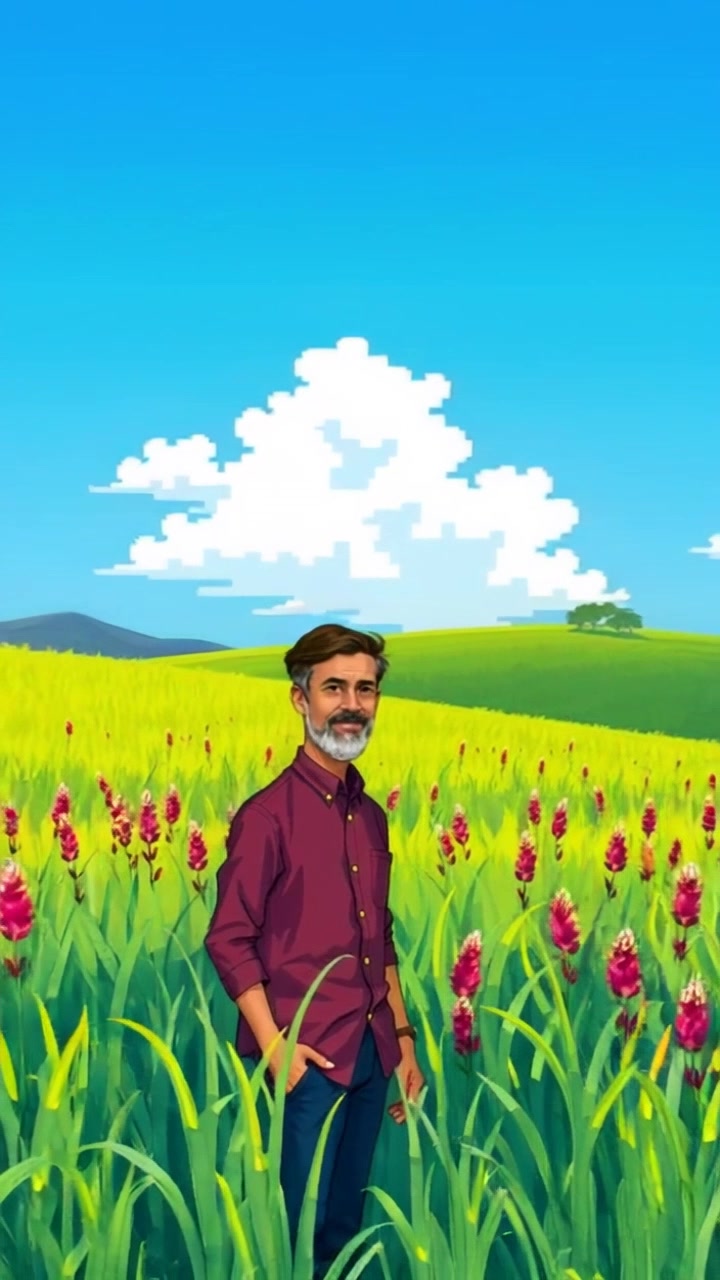 Subject: A person standing in a lush green field, smiling brightly. Subject movement: The person gently sways back and forth, radiating joy. Scene: A vibrant green field under a clear blue sky, filled with wildflowers dancing in the breeze. Style: Warm, inviting lighting that enhances the cheerful atmosphere. Motion: Camera performs a smooth dolly out from a close-up of the person's face, revealing the expansive field and sky, capturing the openness and serenity of the landscape.