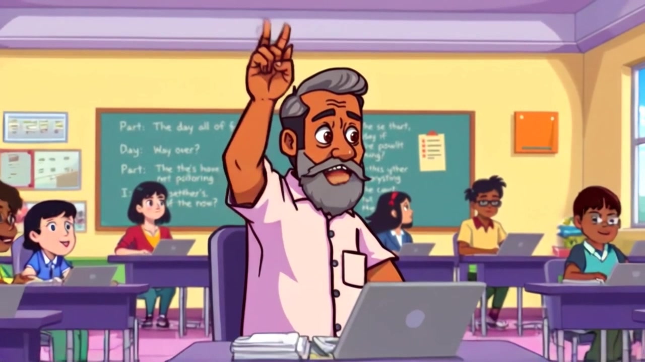 Subject: A student raising his hand in a classroom full of eager learners. Subject movement: He lifts his hand energetically, a look of curiosity on his face as he engages with the lesson. Scene: Brightly lit classroom with colorful posters on the walls and desks arranged in a semi-circle. Style: Morning light streaming through the windows creates a warm, inviting atmosphere. Motion: The camera performs a smooth push-in towards the student, capturing the focus of the classroom as laughter and lively discussion echo in the background.