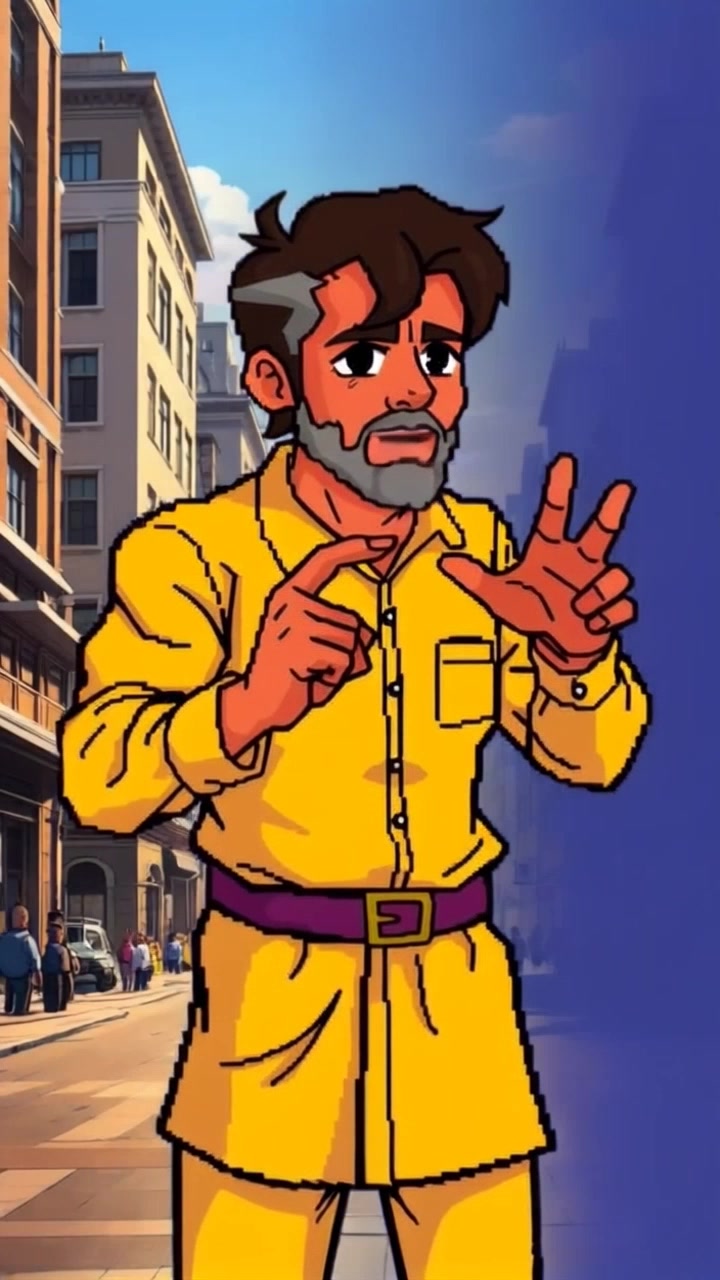 Subject: A serious figure standing protectively, gesturing toward an invisible line in front of him. Scene: An intense, dramatic atmosphere where Raj stands firm in a dynamic urban setting, his body language commanding attention. Style: Late afternoon light with long shadows creating depth; the skyline can be seen in the background. Motion: The camera performs a slow push-in toward Raj, capturing the intensity of his expression and the urgency of the gesture, as the scene unfolds around him.