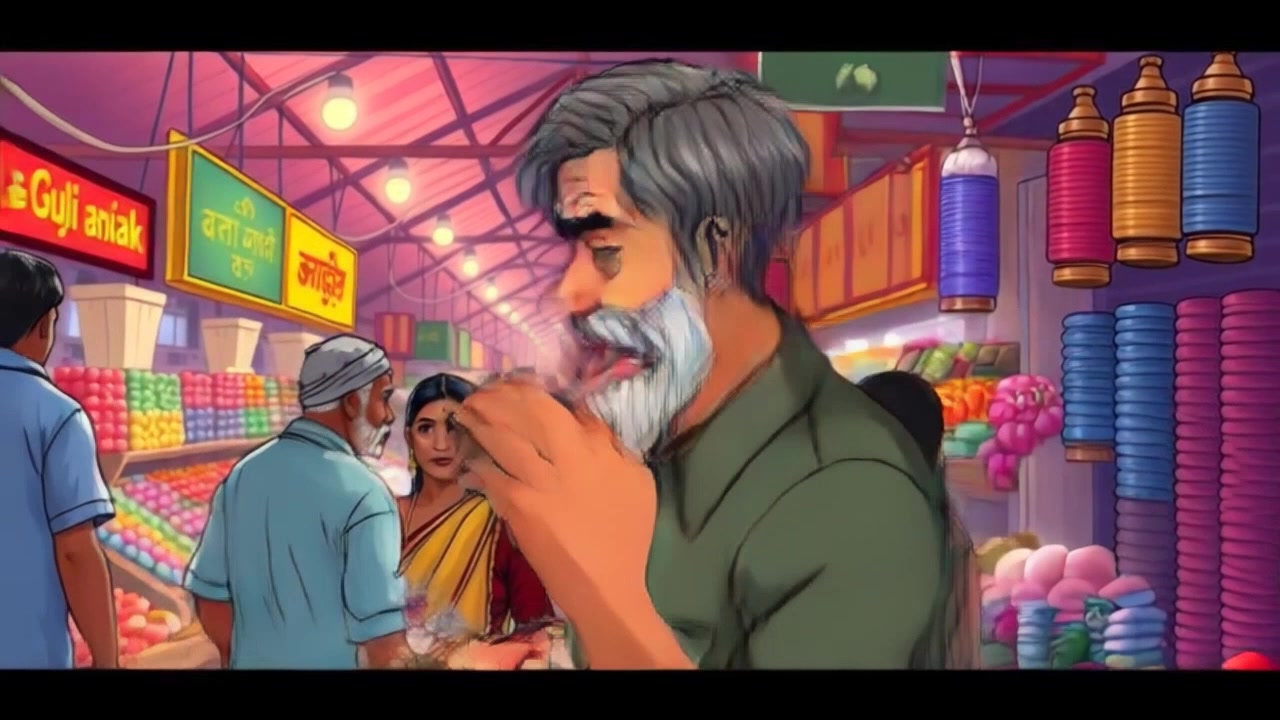 Scene: A bustling market scene filled with vibrant stalls showcasing various goods, where Raj engages in animated negotiations with buyers. Style: Bright, lively atmosphere illuminated by natural daylight, enhancing the rich colors of fresh produce and handcrafted items. Motion: The camera smoothly pans through the market, transitioning from close-ups of Raj's expressive negotiations to wide shots capturing the dynamic interactions and colorful backdrop of the stalls.