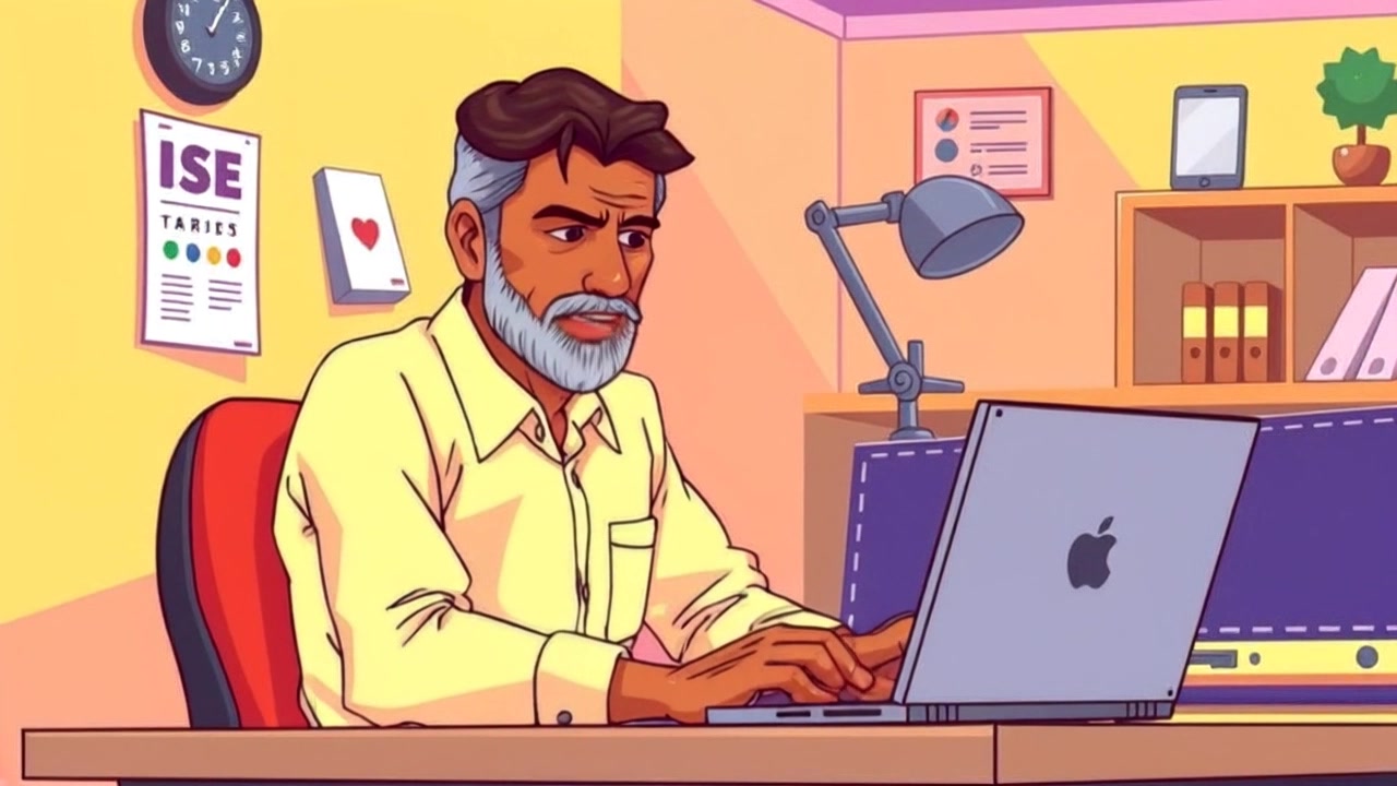 Subject: A person seated at a desk, focusing on a laptop. Subject movement: They lean forward slightly, engaging with the camera, and a subtle shift of their hands suggests interaction with the laptop. Scene: A cozy home office filled with warm, inviting decor, including bookshelves and soft lighting. Style: The lighting is ambient, creating a comfortable atmosphere. Motion: The camera starts with a medium close-up of the subject at the desk and gently pans to the side, capturing the overall desk setup but keeping the focus on the individual.