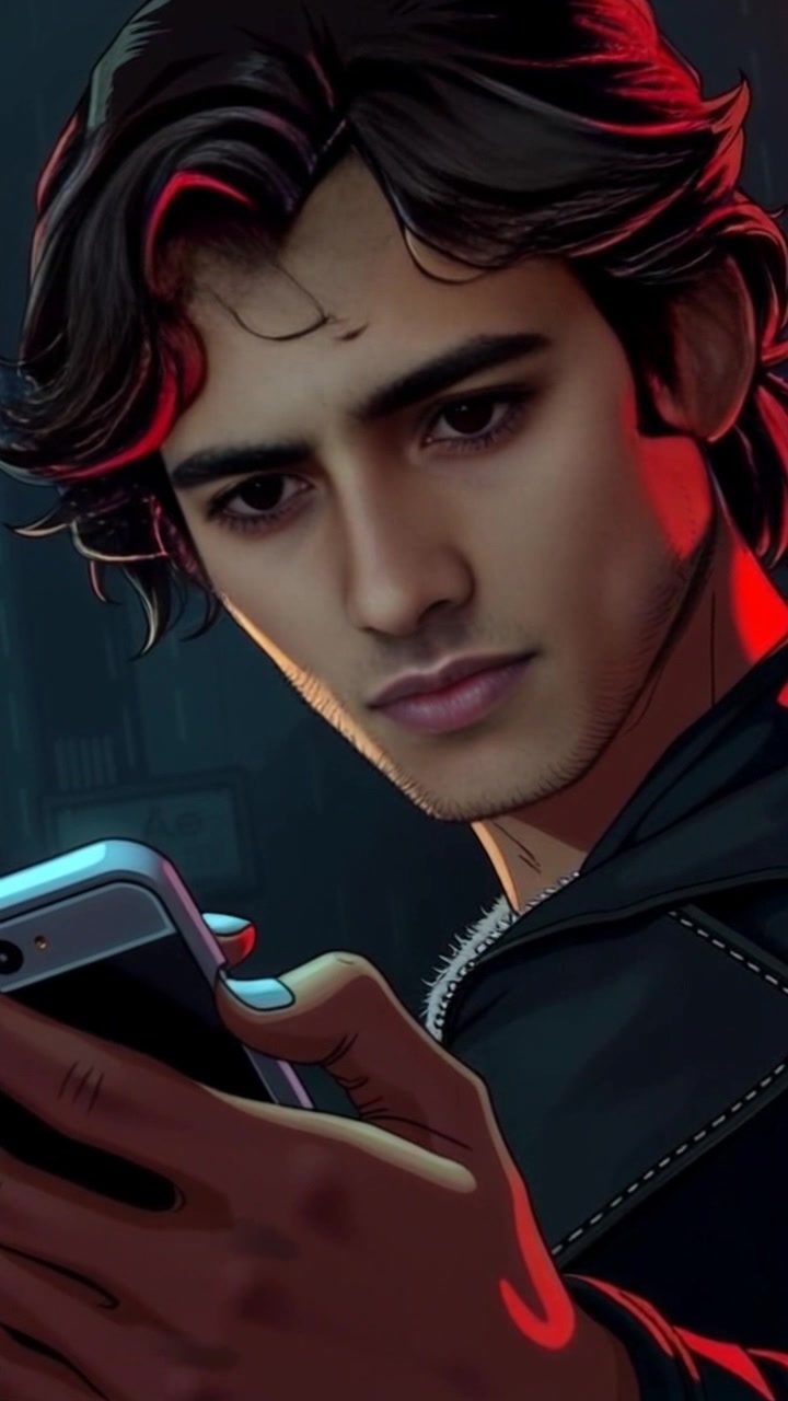 Subject: Mateo, looking intently at his phone with a puzzled expression. Subject movement: Slight head tilt as he shifts focus between the screen and his surroundings, brows furrowing in curiosity. Scene: An intimate, dimly-lit room creates a sense of intrigue as shadows dance across the walls. Style: Soft ambient lighting which highlights the contours of his face and the glow of the phone screen. Motion: Camera gently pushes in on Mateo's face, capturing the nuances of his expression with a smooth, contemplative approach.